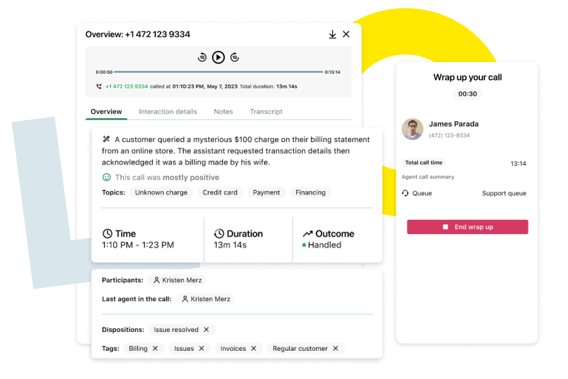 Tela do GoTo Connect com resumo da chamada, tempo de atendimento, sentimento e desfecho registrados