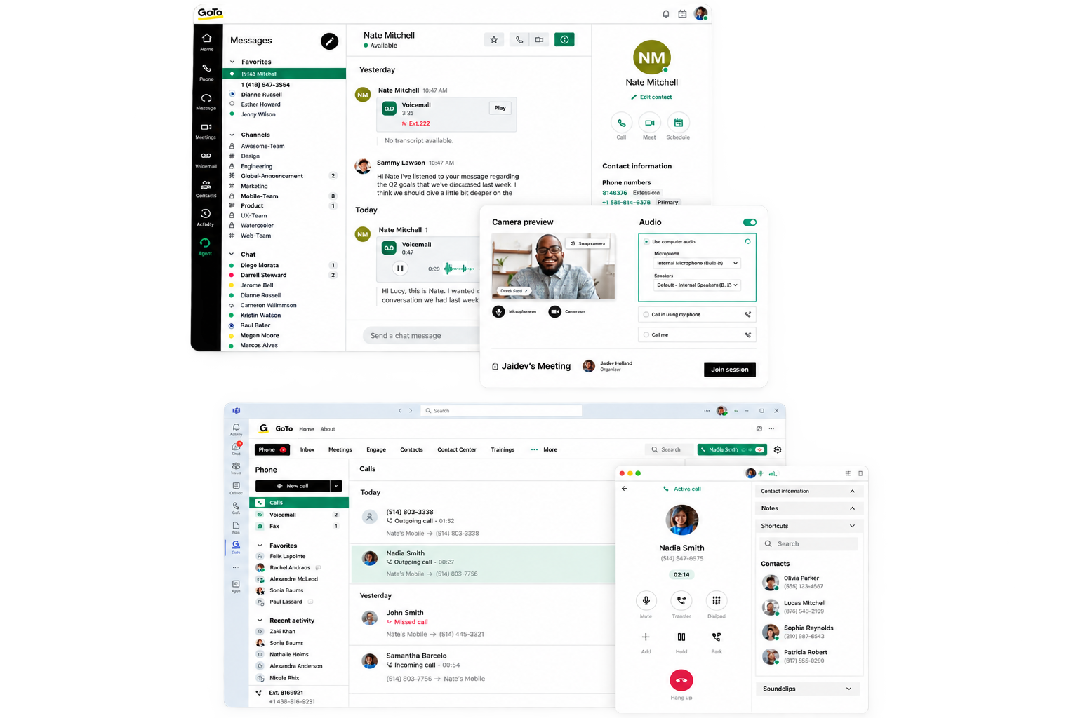 GoTo Connect no desktop e no celular: mensagens da equipe, reunião com vídeo, histórico de chamadas e chamada ativa