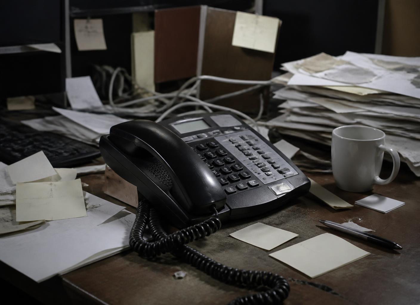 Mesa desorganizada com telefone fixo, cabos e papéis espalhados