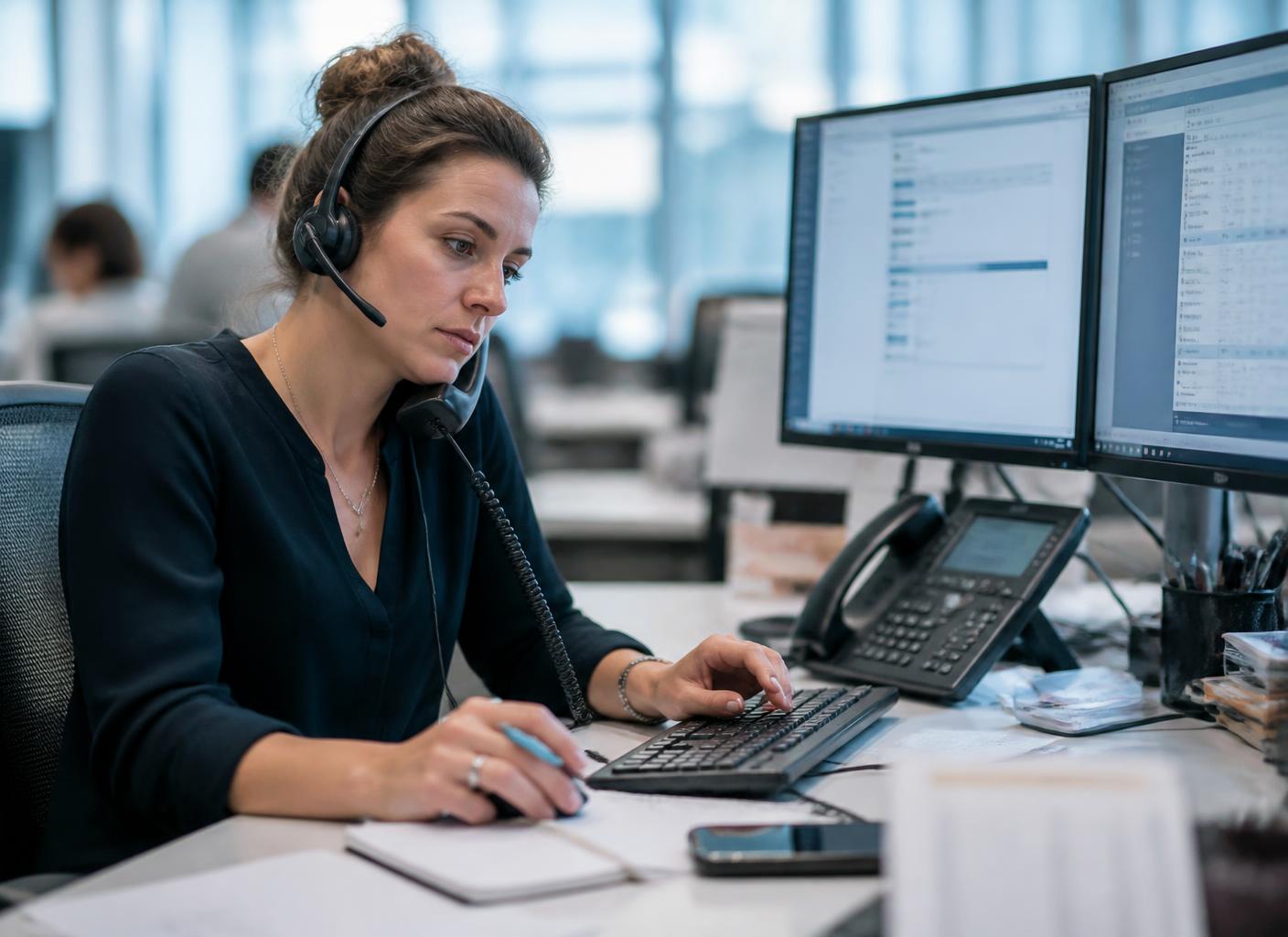Profissional com headset gerenciando chamadas entre duas telas, telefone fixo e celular na mesa
